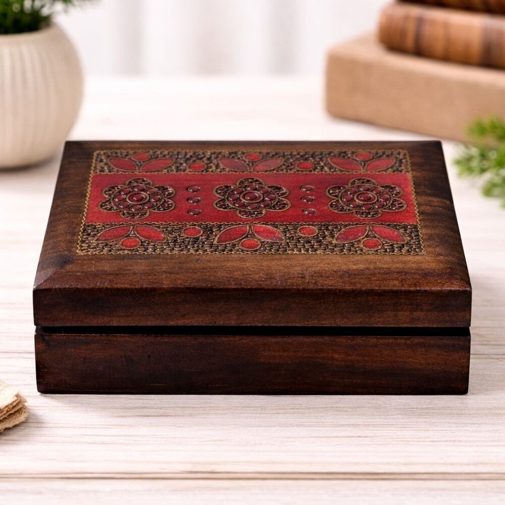 Handcrafted Polish Wooden Jewelry Box With Intricate Floral Design